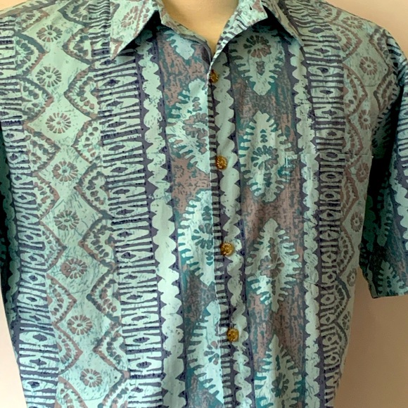 Vintage Cooke Street Hawaiian TIKI Short Sleeve Shirt L Geometric FLORAL Tribal - Picture 7 of 7